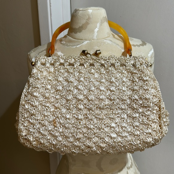 Vintage Large Woven Raffia Top Handle Ivory Cream Granny Core Handbag - Picture 12 of 14